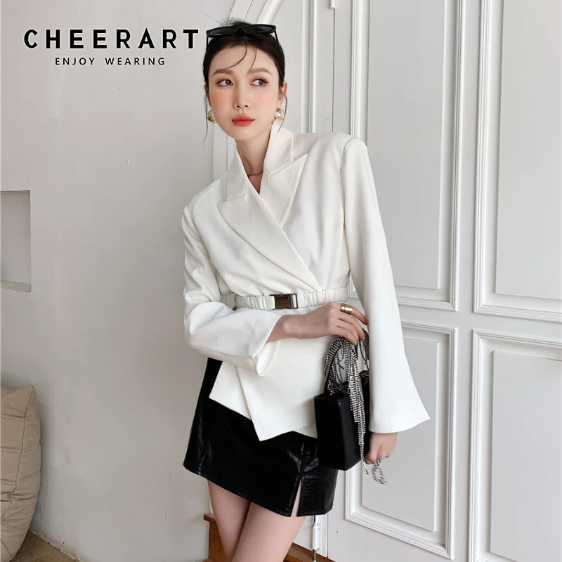 

CHEERART Designer Blazer Women White Asymmetrical Belted Blazer Suits Black Ladies Korean Blazers And Jackets High Fashion