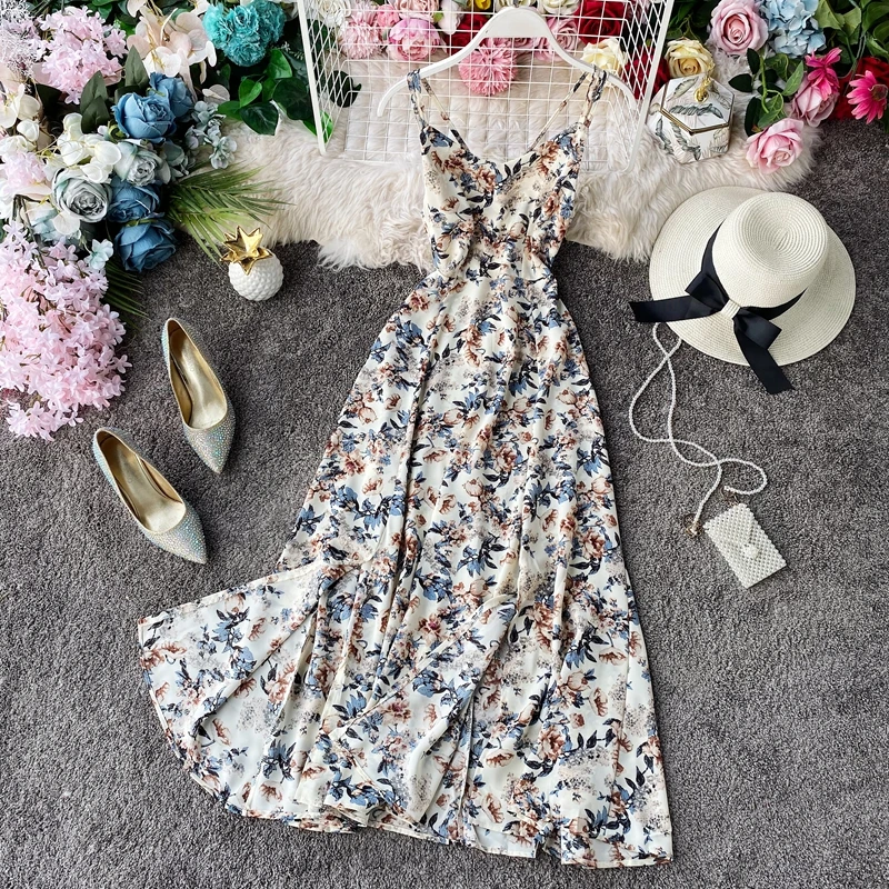 

STARK 2020 Floral v-neck skirt with shoulder-straps female new summer dresses Bohemia seaside holiday beach dress split long ski