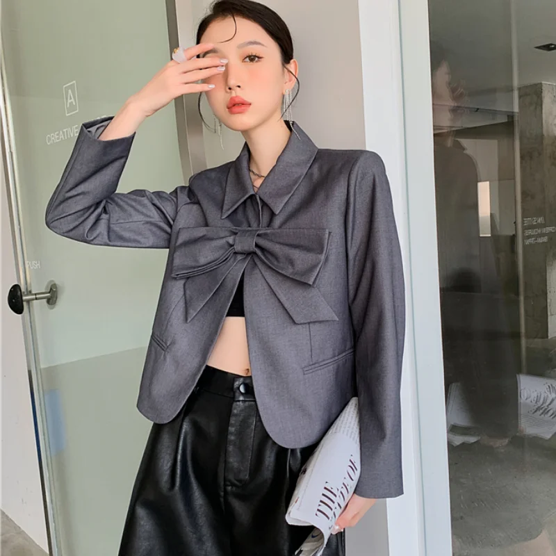 

Fashion Bow Gray Blazers Women Spring Autumn Design Sense Slim Casual Short Suit Jacket Female Korean Tops Coat 8602