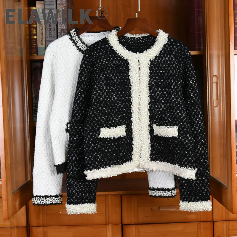 

Женский шерстяной кардиган, элегантный вязаный жакет с бусинами и жемчугом, с круглым вырезом, весна 2021, C709