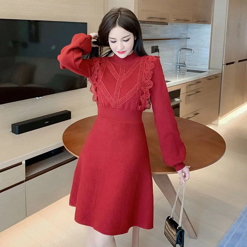 

High Quality New Design Knitted Cotton Short Dress Party for Women Elegant Spring Winter 2021 Slim A-line Red Midi Dress Girls