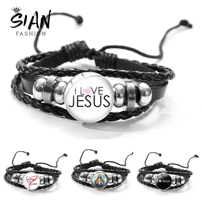 Кожаные браслеты SIAN I Love jesu для женщин и мужчин христианские регулируемые бусины