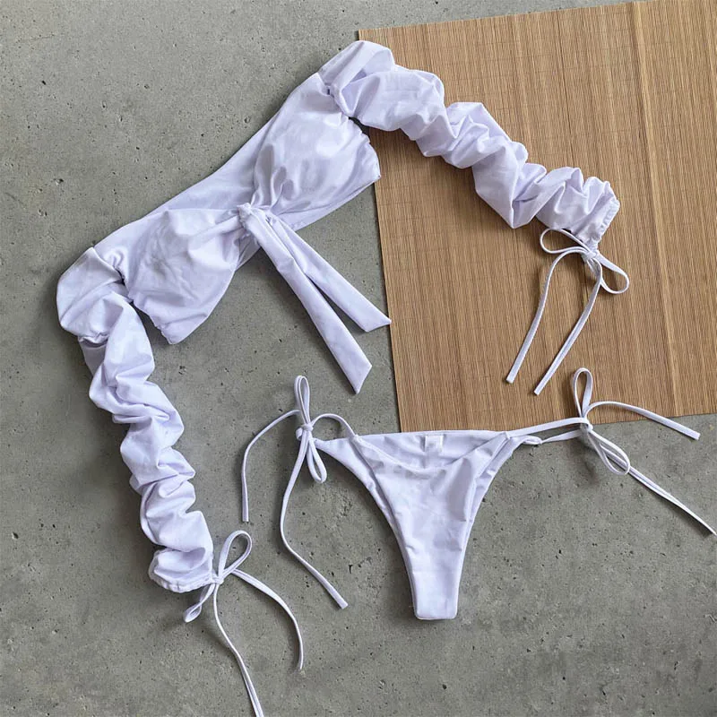 Женский купальник с длинным рукавом и открытыми плечами однотонный бикини