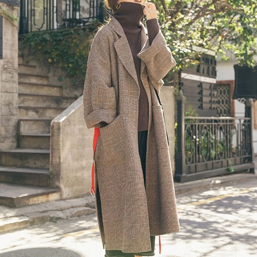 

Winter Ladies Overcoat New Hepburn Style 2022 Spring Plaid Coat Women's Casual Mid-length Student Woolen Coat Temperament Jacket