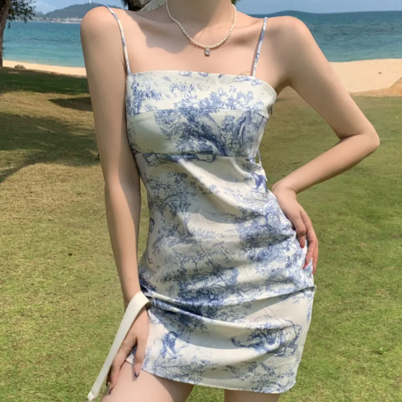 

2021 Spring Elegant 2 Piece Sets Womens Outfits French Ink Print Mini Spaghetti Strap Dress+ Long Sleeve Short Knitted Cardigan