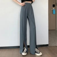 2021 spring summer women pants casual loose high waist split chiffon trousers slim comfortable elastic waist wide leg trousers