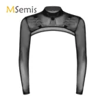 Мужское нижнее белье Прозрачное нижнее белье в сеточку половина кроп Топ воротник-стойка с длинным рукавом уплотнительное кольцо декоративная футболка вечерние сценического выступления Клубная одежда