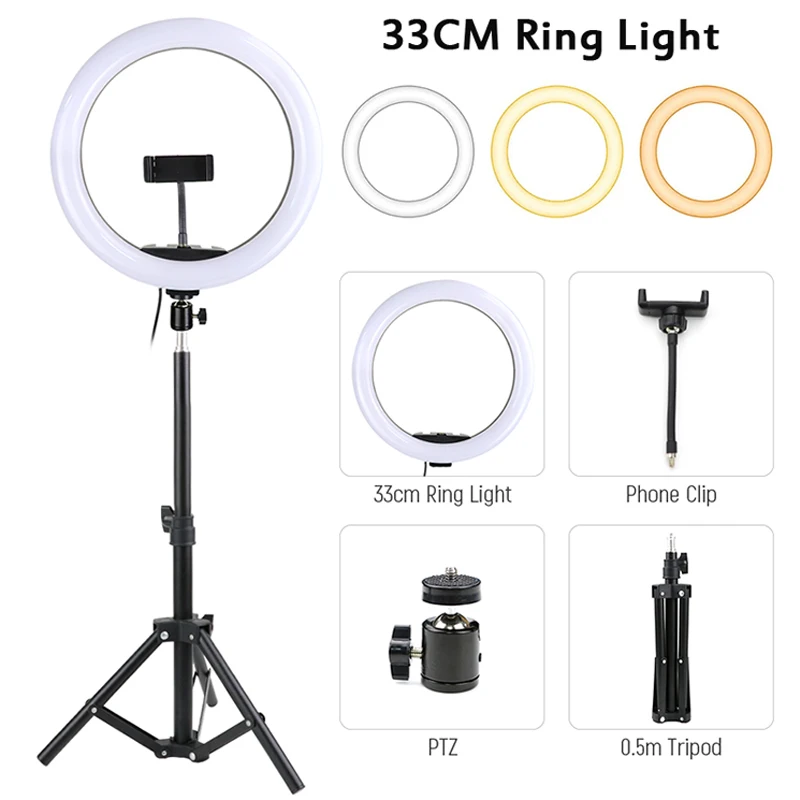 

33cm Photography LED Selfie Ring Light With 2M Tripod Stand Phone Holder Dimmable USB Ring Lamp For Youtube Makeup VK Live Video