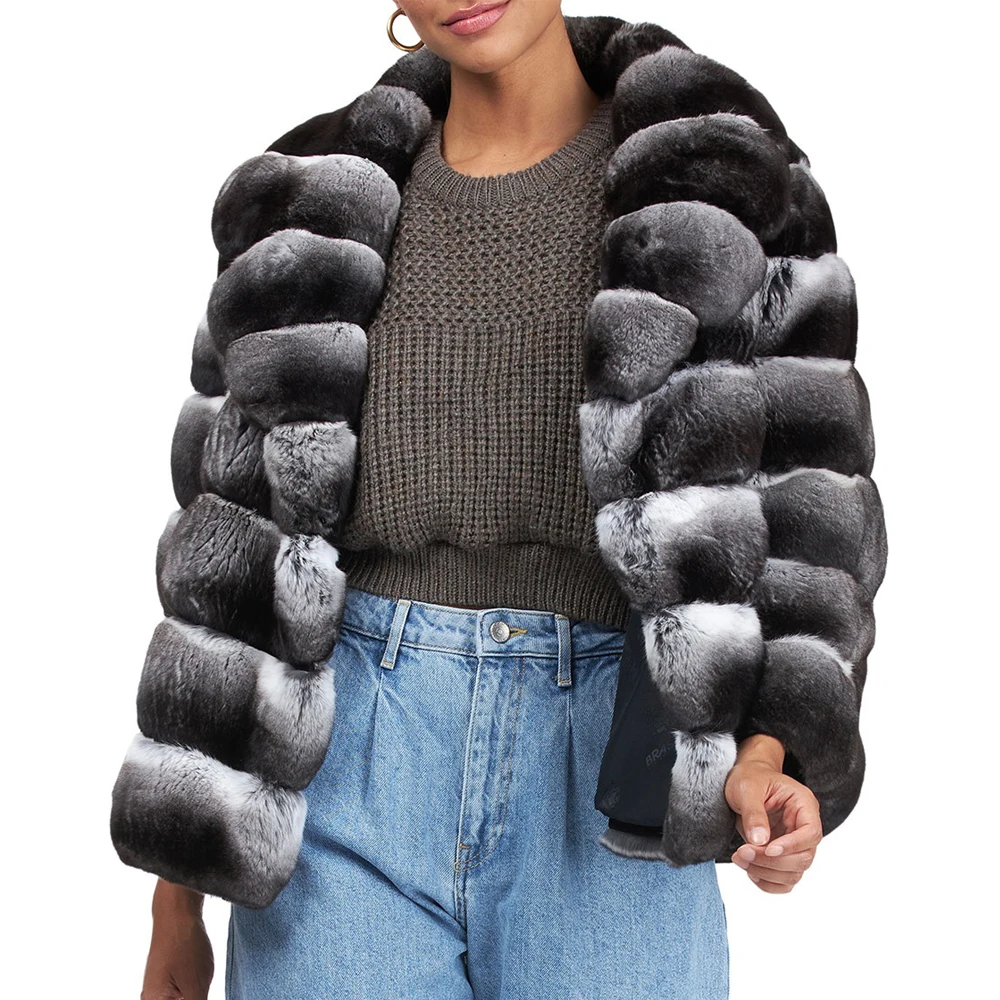 2022 New Natural Rex Rabbit Fur Coat for Women Fashion Winter Whole Skin Genuine Rex Rabbit Fur Jacket Chinchilla Color Outwear