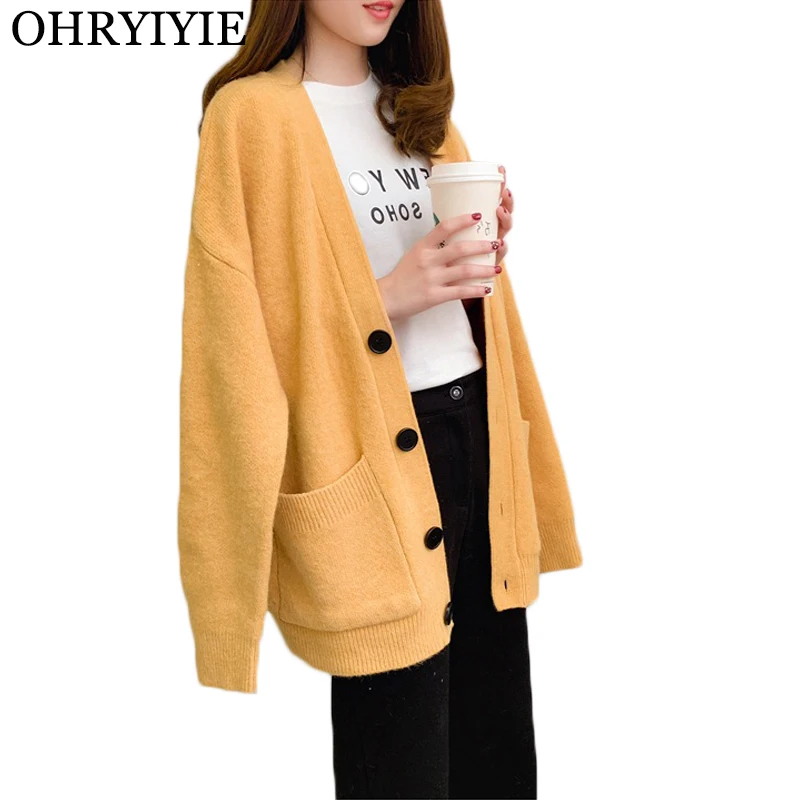 OHRYIYIE желтый кардиган большого размера свитер женский осенне-зимний длинный