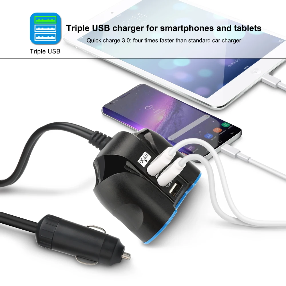 Автомобильное зарядное устройство Rocketek с несколькими usb портами 3A 3 быстрая