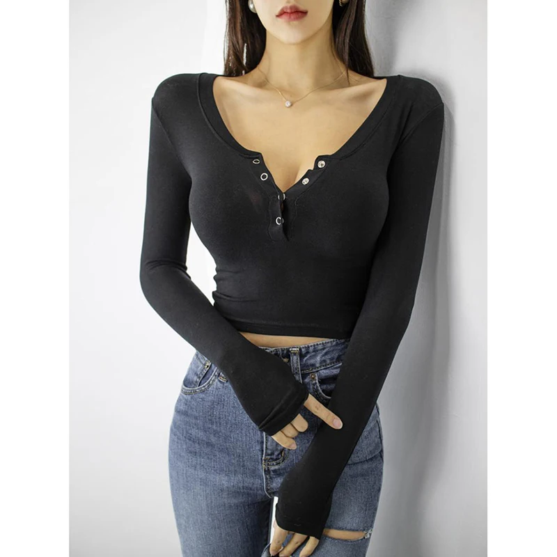 

Women's T-shirt Sexy Slim V-neck Long Sleeve Tshirt Black Cotton Basic T Shirt Woman Autumn New Korean Fashion Tees Female Tops