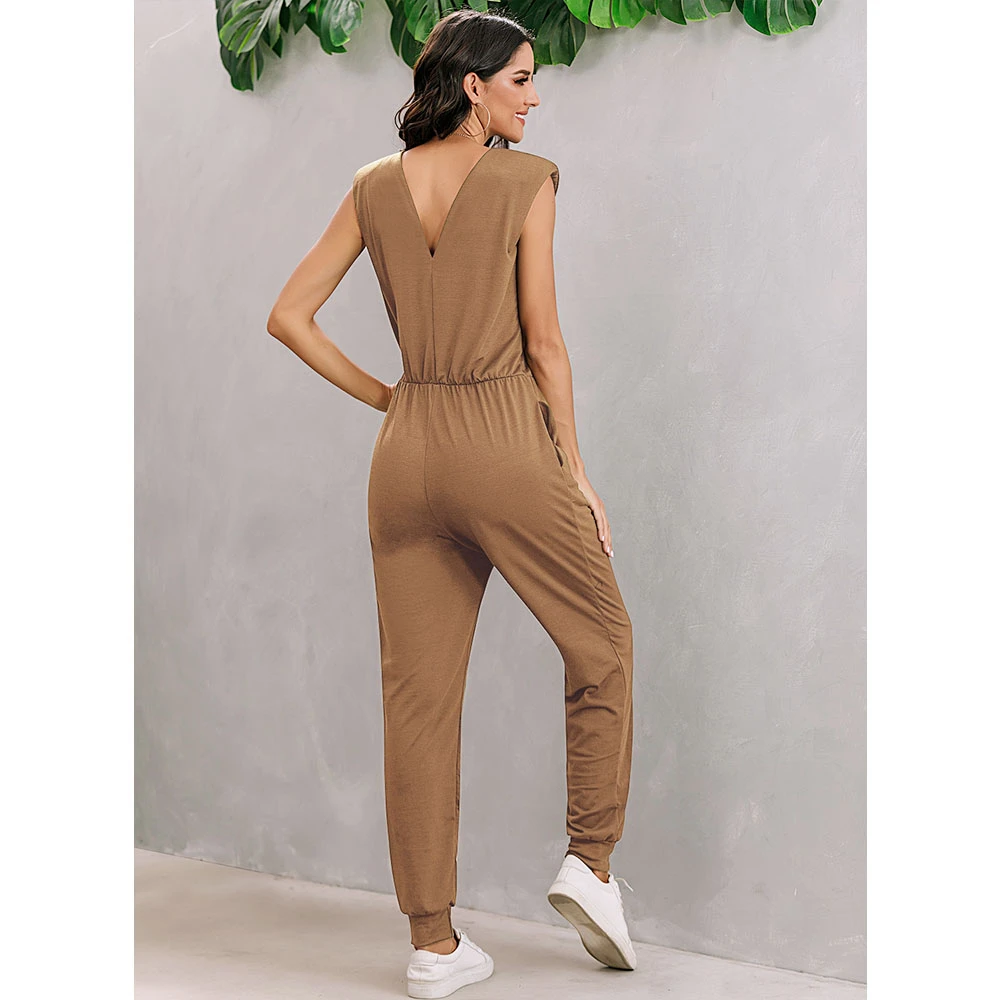 

Jumpsuit Women Solid Color Lace Up Elastic Waist Sleeveless Jumpsuit O Neck Casual One Piece Outfits Women XL