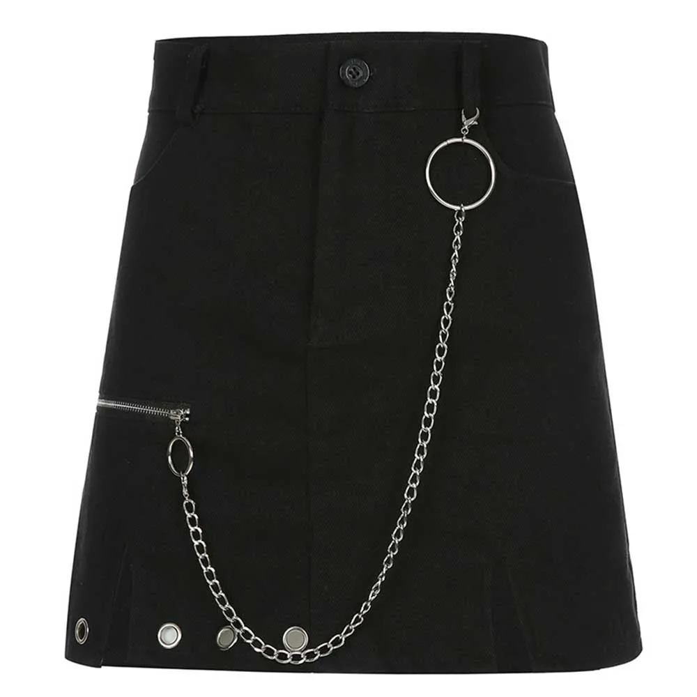 

Gothic High Waist Skirts Women Summer Sexy Chain Zipper Split Bodycon Punk Skirt Female Goth Punk Hip Hop Streetwear