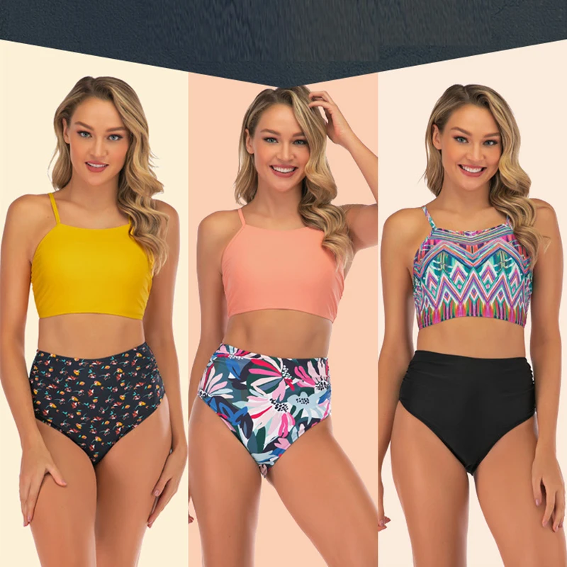 

Two piece high waist swimwear with tie at back women's printed high waist bikini suit split swimwear