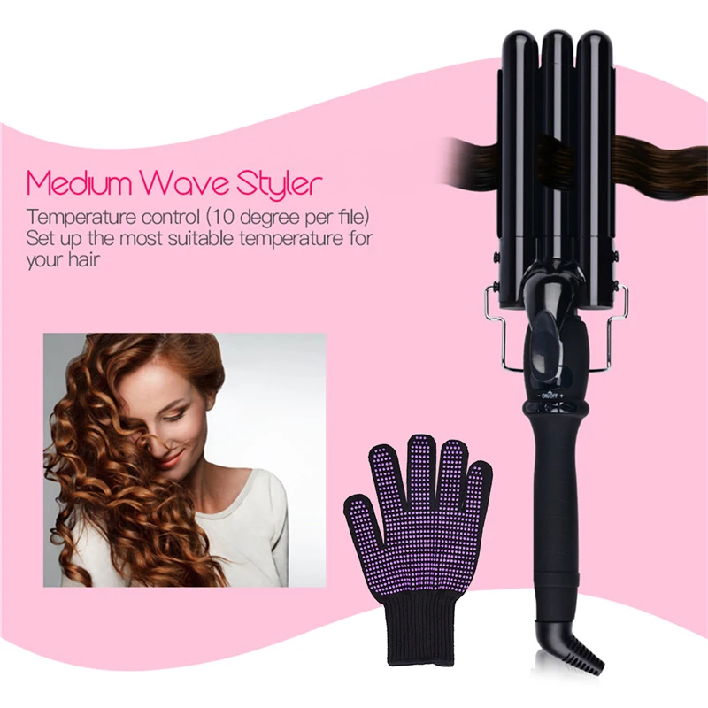 

Ckeyin 19mm 22mm 25mm LCD Digital Perm Ceramic Triple Barrels Deep Curler Wave Hair Waver Roller Fast Heating Curling Iron Glove