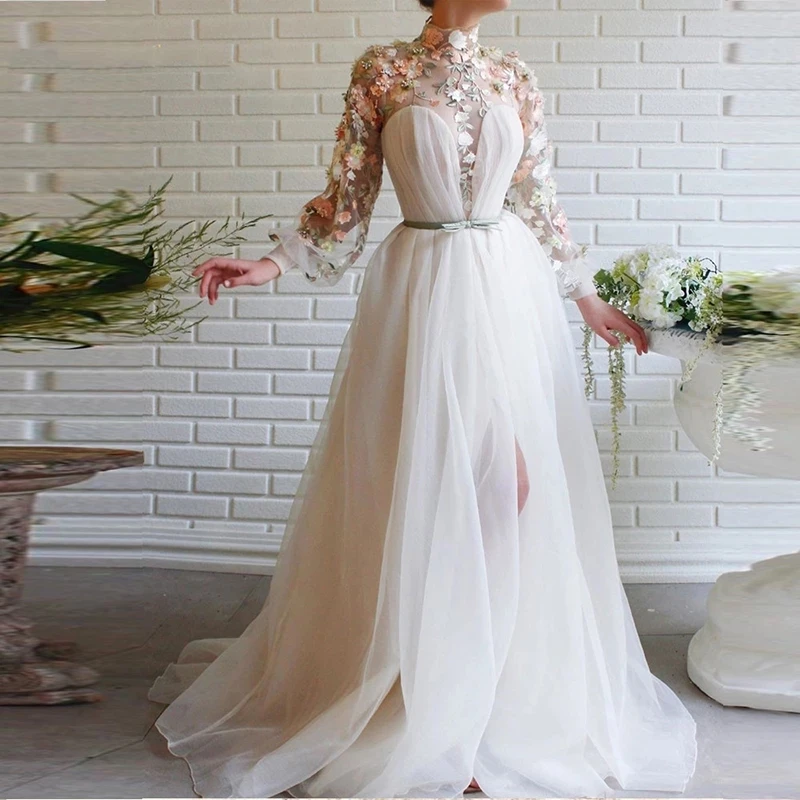 

Elegant Prom Dresses Lace Appliques Long Evening Dress High Collar White Full Sleeves High-Split Flowers Formal Party Gown
