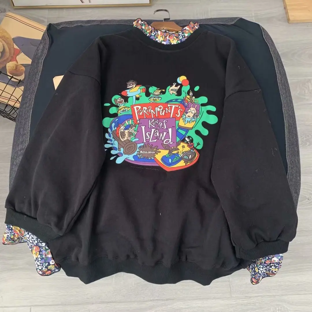 

Korean Style Spring New Patchwork Lace Sleeve Collar Cartoon Printed Terry Cotton Loose Cool Sweater Crewneck Sweatshirt