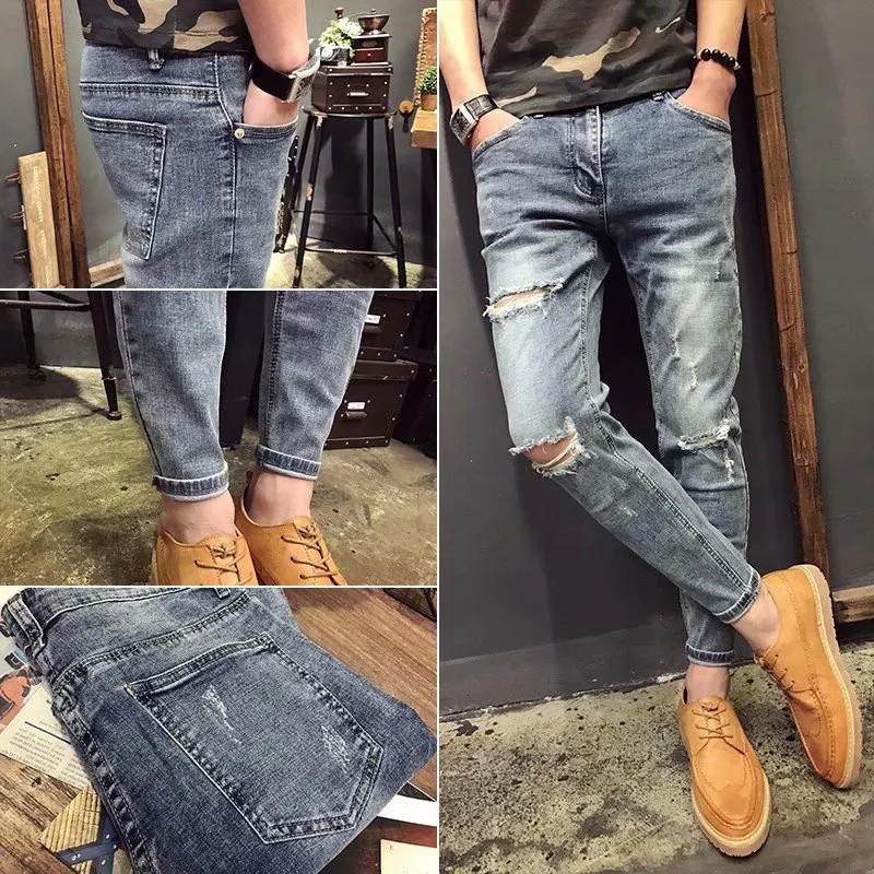 

Wholesale 2020 teenagers Denim Jeans men's trendy brand cropped pants 2020 Korean hole social guy Harem Slim trendy pencil pants