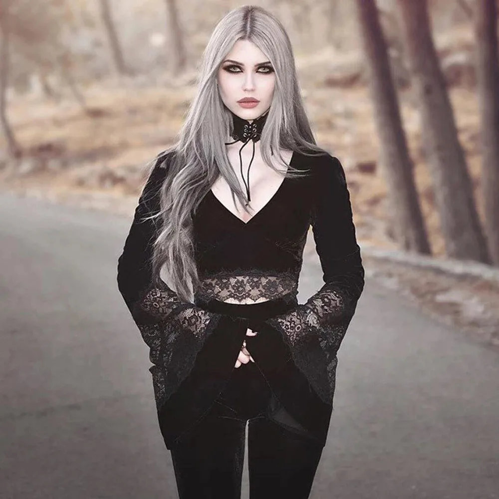 

2021 Women's New Autumn Shirt Gothpunk Dark Style Loose Solid Color V-neck Flared Sleeve Lace Flocking Tight Waist Top Blouse