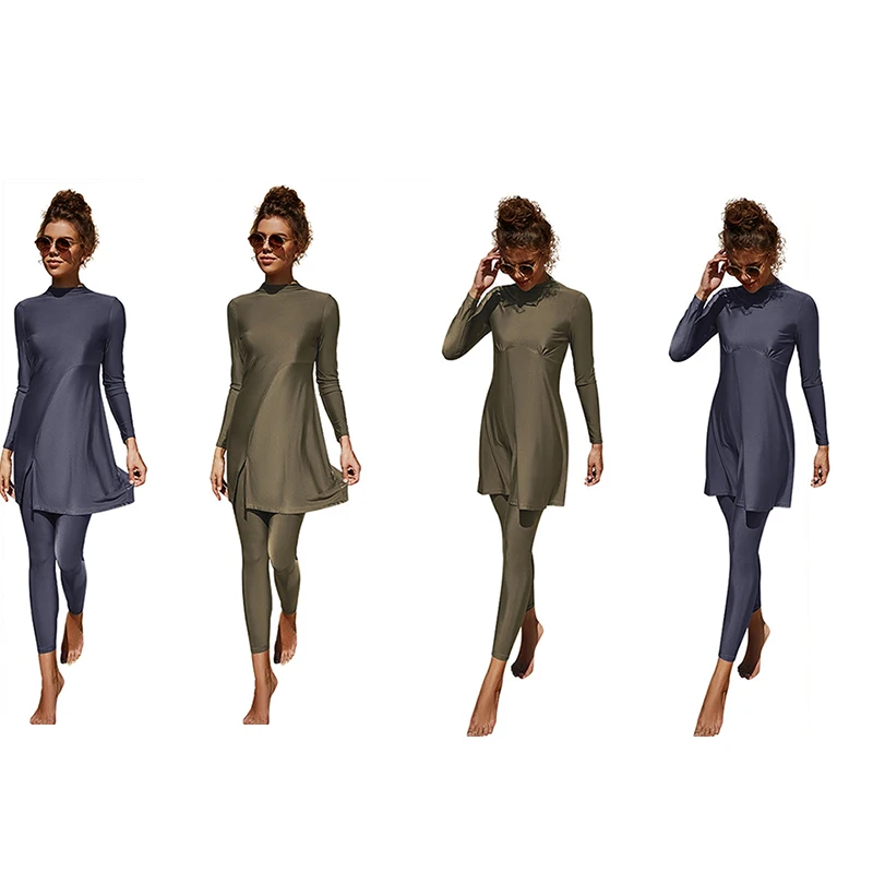 

Мусульманский купальный костюм с длинным рукавом, Женский однотонный купальный костюм из двух предметов, Женский праздничный купальный ко...