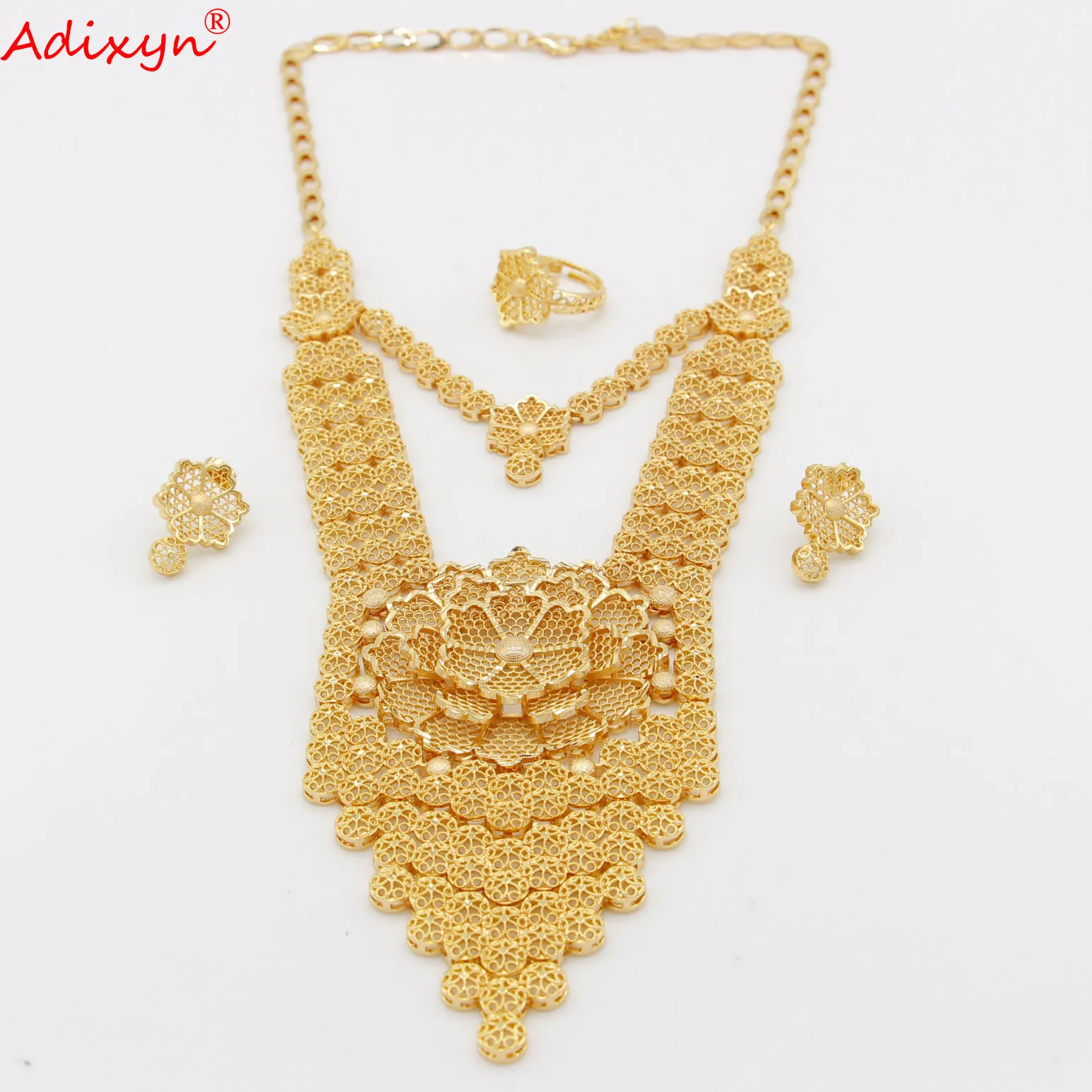 Adixyn 585 Rose gold color Plus Size Necklace Unusual earrings Bracelet Ring for women Hawaiian Jewelry sets N062011 | Украшения и