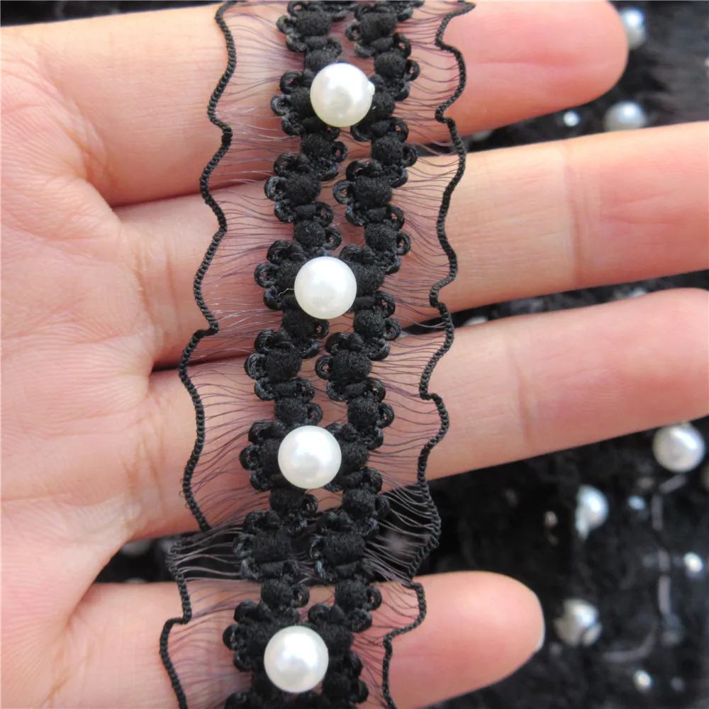 1 Yards White/black Pearl Beaded Elastic Lace Trim Tape Ribbon Fabric Collar Dress Sewing Garment Headdress Materials 25mm | Дом и сад