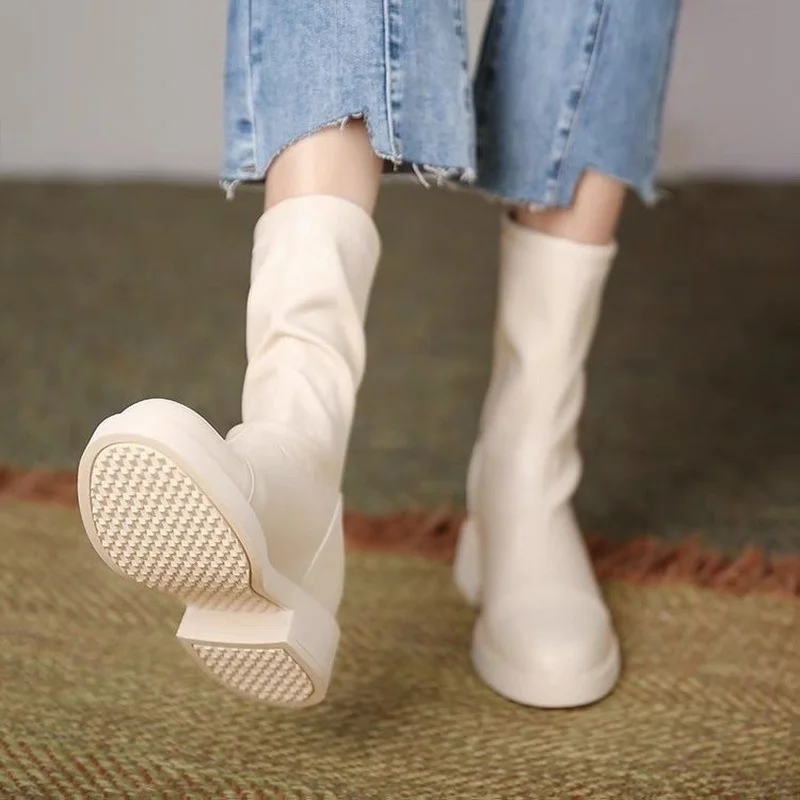 

Женские ботинки на толстой подошве, короткие сапоги на высоком каблуке, женские полусапожки с круглым носком, универсальные эластичные сап...