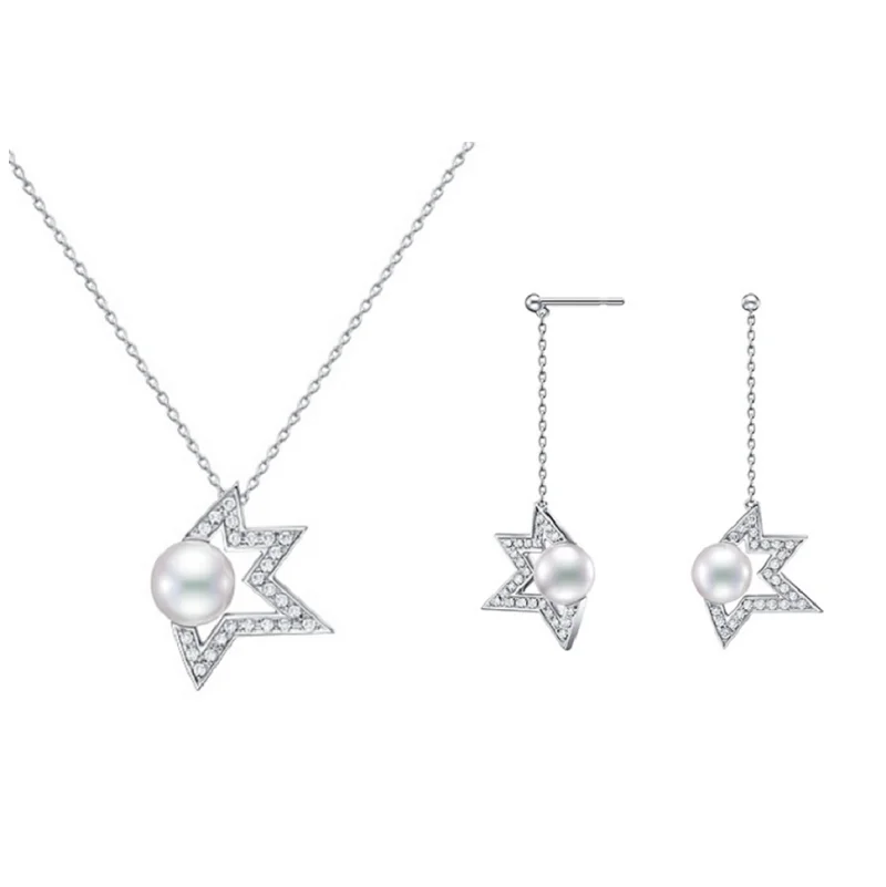 

KURSHUNI Women's Pearl And Star Pendant Necklace Choker With Cubic Zirconia Stone Stud Dangle Earring Designer Jewelry Set Gift
