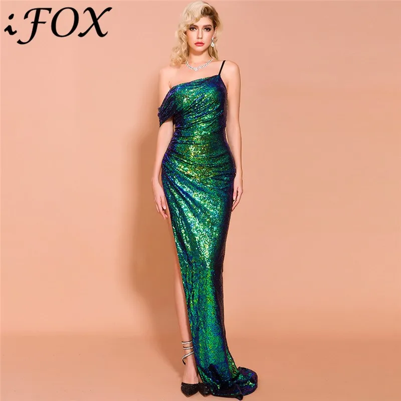 

IFox Women Sexy Slash Neck One Shoulder Women Dress with High Split 2020 Fashion Zipper Back Sleeveless Solid Mermaid Dress