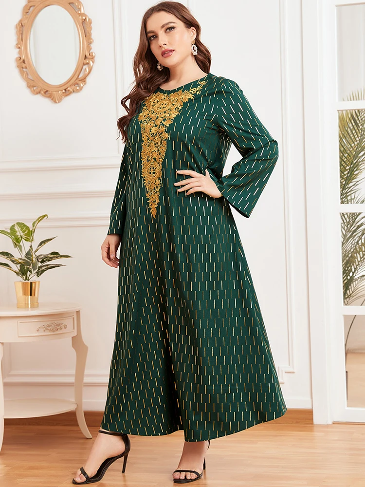 

Women Round-Neck Green Dress Tradtional Muslim Abaya Long Seelve Embroidery Kimono Robe Plus Size Causal Outfit Abaya M-4XL