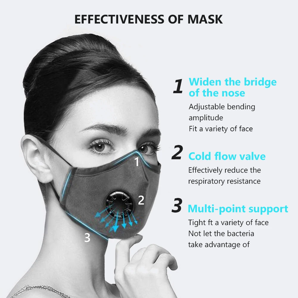 

High Quality 3pcs Unisex Cotton Breath Valve Face Mouth Mask Cloth Activated Carbon Filter Respirator For Men Women 4 Colors