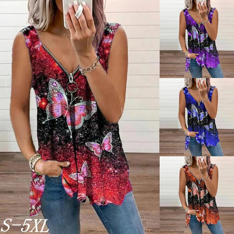 

5XL Summer Women Clothing Fashion V-Neck Zipper Butterfly Print Sexy Loose T-Shirt Vest Summer Sleeveless Tops for Women