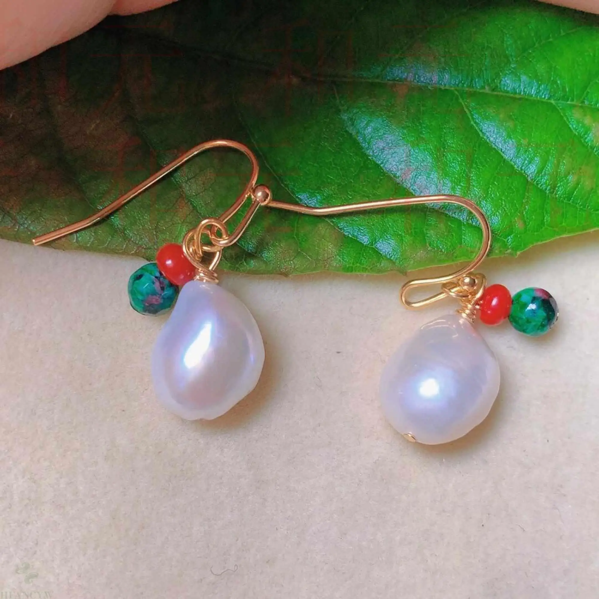 

Natural white freshwater baroque pearl South red beads gold earrings Gift Women VALENTINE'S DAY Ear stud Hook Thanksgiving