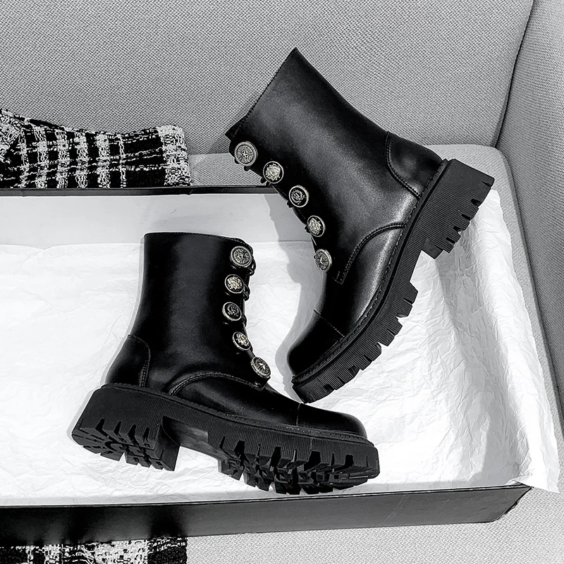 

Hjwsfdcai Retro Black Women British Wind Zipper Motorcycle Boots Thick Bottom PunkStyle Ladies Booties Medal Decor Mujer Shoes
