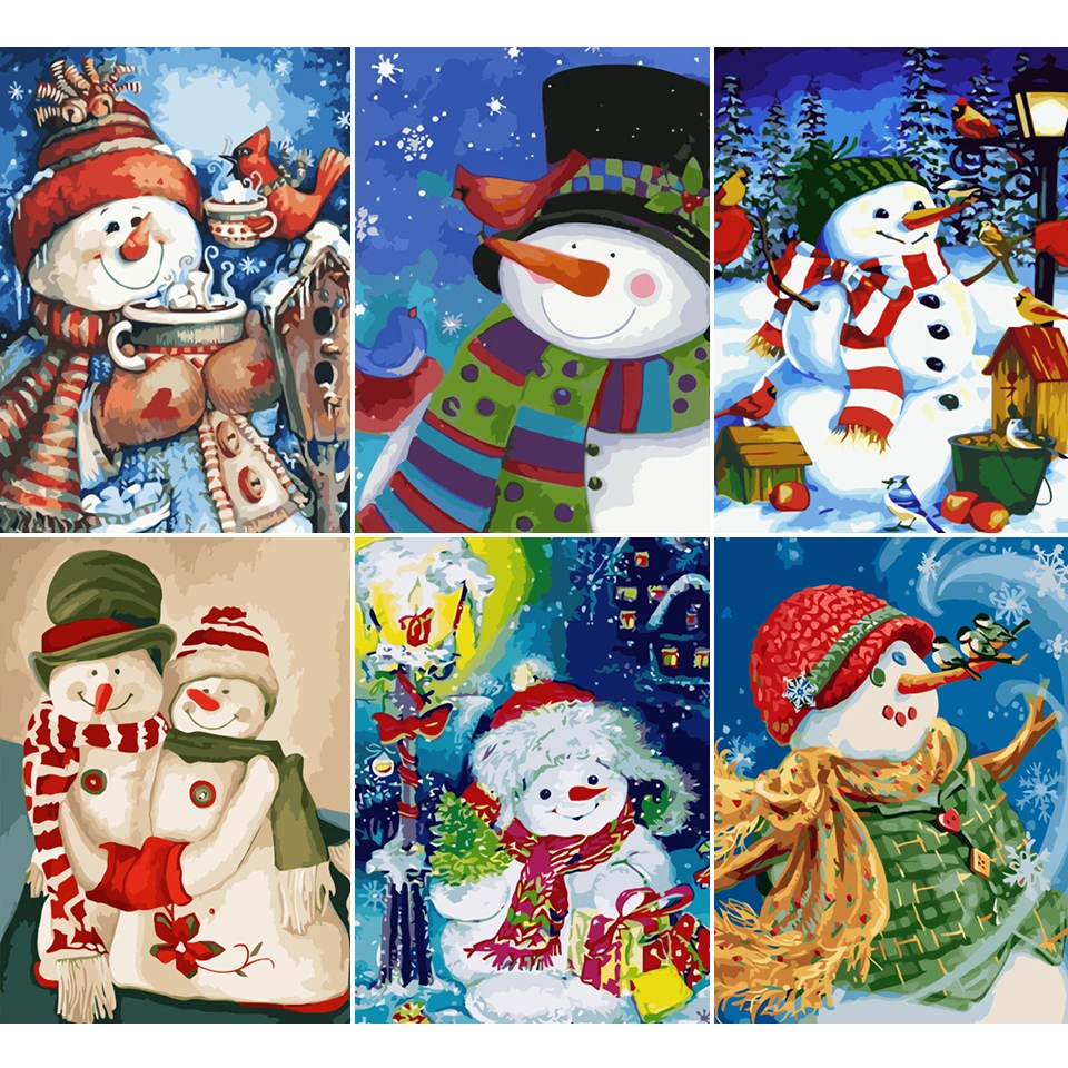 

Sale Color Oil Painting By Numbers Christmas Gift Snowman For Adults Kid Draw on Canvas DIY Art Picture Acrylic Paint Decor