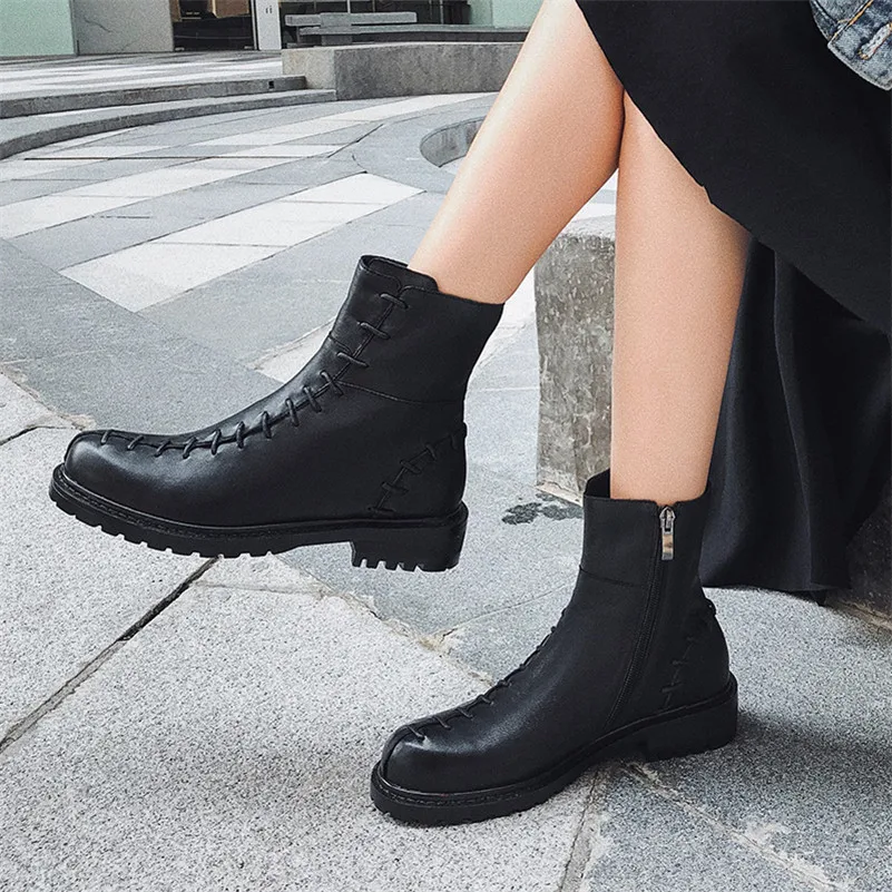 

Meotina Sheepskin Ankle Boots Women Natural Genuine Leather Thick Heel Short Boots Zipper Round Toe Shoes Female Autumn Size 42