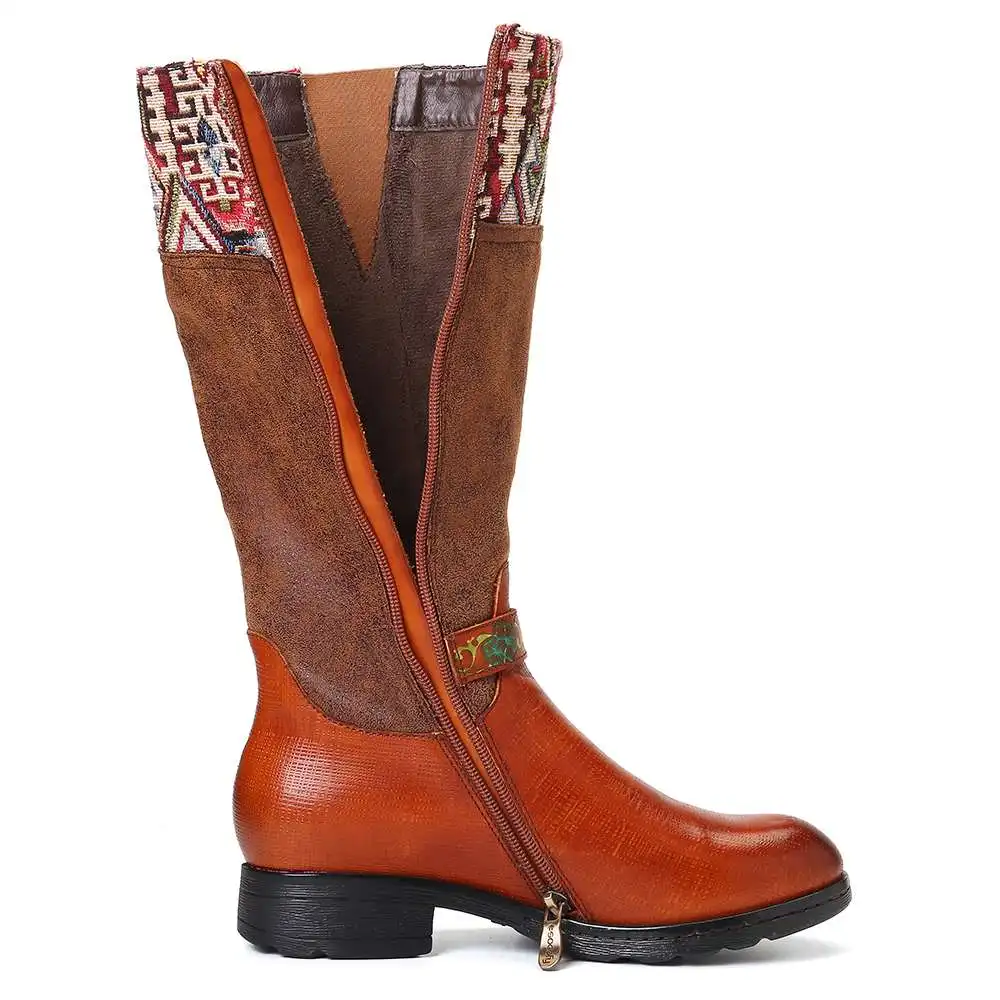 SOCOFY Botas mujer; ботинки из натуральной кожи с квадратным узором; ботинки до середины икры на мягкой плоской подошве; обувь на каблуке; женская зимняя обувь