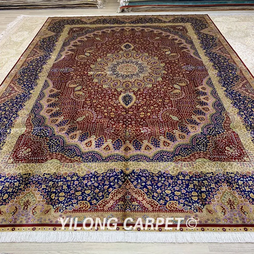 Koop Yilong 9.2 'X 12.8' Perzische Oversized Zijden Kleed Handgeknoopte Rode Medaillon Qum Tapijt (ZQG282A)