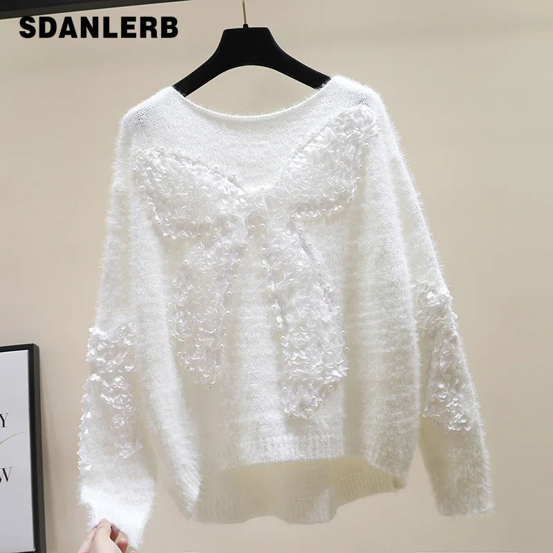 

Женский свитер с бисером, новинка весны-осени 2021, свободная верхняя одежда с длинным рукавом, пуловер в стиле простоя, мохеровая рубашка