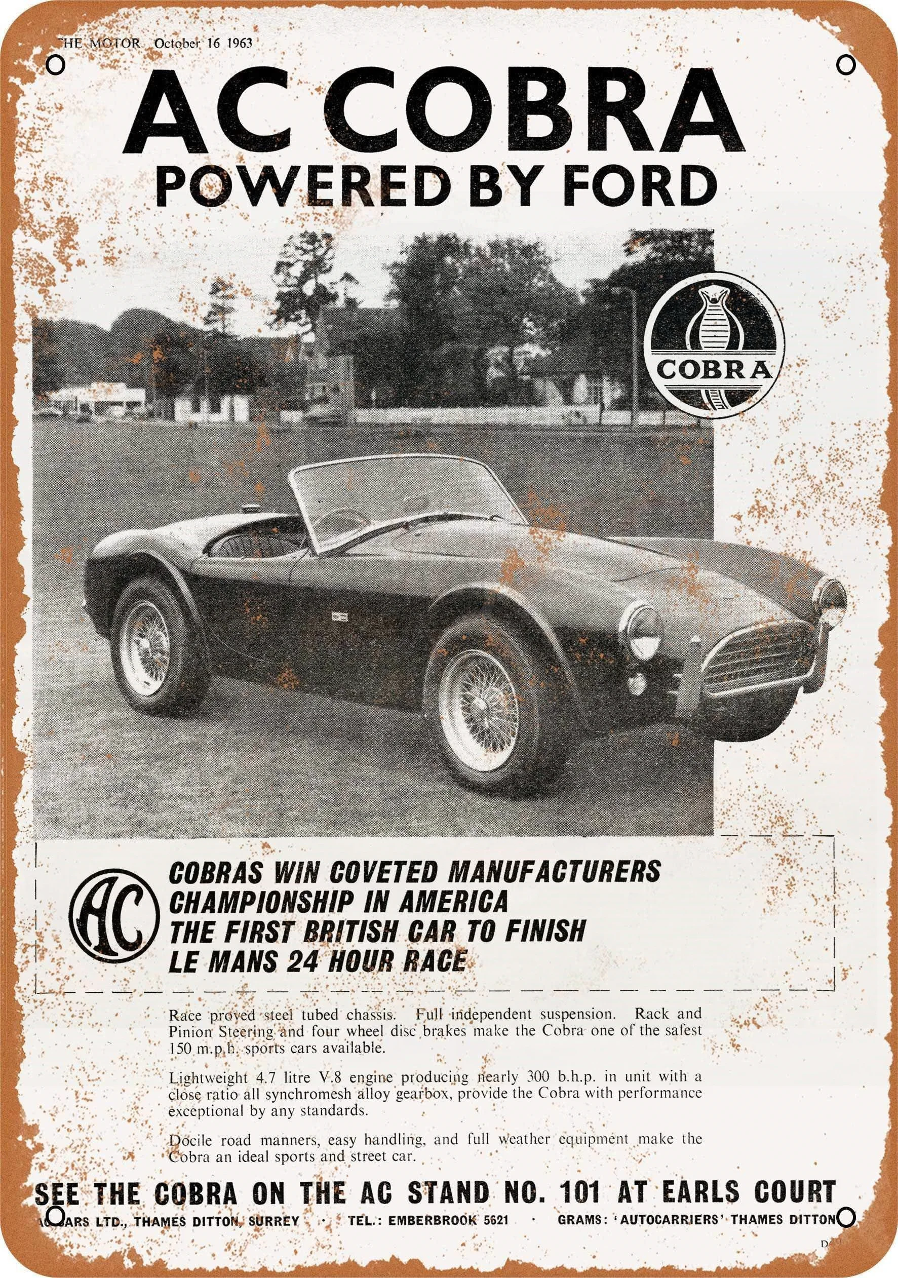 

Metal Tin Sign, 1964 AC Cobra Powered by Ford Vintage Metal Plaque Poster Man Cave Wall Plate Home Decor Indoor Outdoor