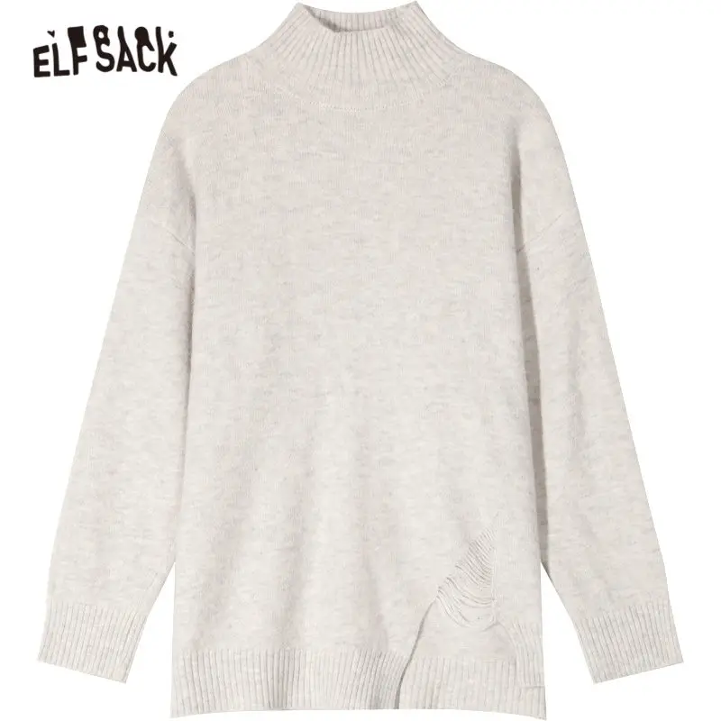 ELFSACK Multicolor Solid Casual Knit Split Pullover Sweater Women 2020 Winter Pure Korean Drop Shoulder Sleeve Ladies Basic Tops | Женская