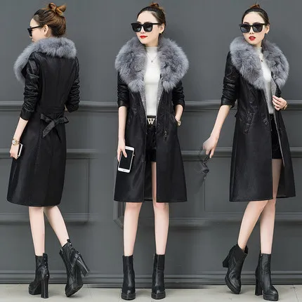 gray Pu Leather Women Plus Velvet Thickening Long Section Winter Fashion New Large Fur Collar Warm Leather Jacket Tide HHH00163 - Цвет: gray