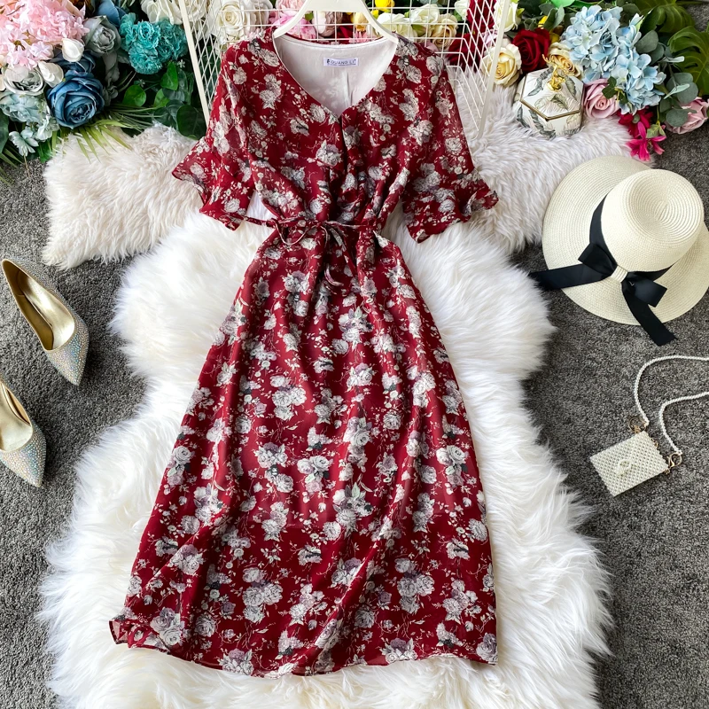 Женское шифоновое платье с цветочным принтом винтажное длинное туника средней