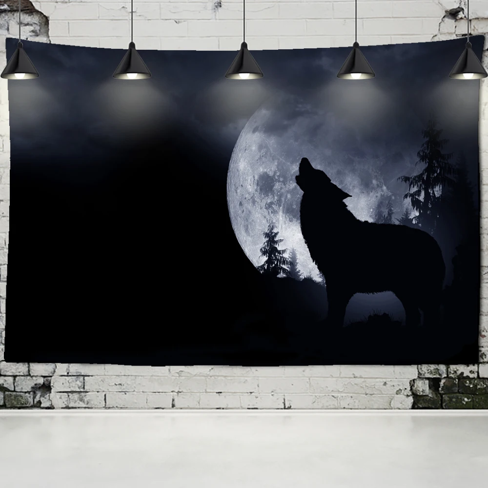 

Black Tapestry Wolf Moon Background Wall Hanging Lonely Wolf Howled Tapestry Home Decor Beach Mat Animals Wolf Tapestry