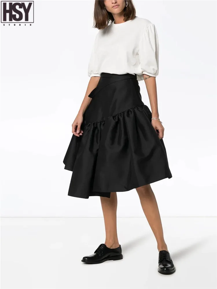 【HSY】2019 осень зима новые женские черные Асимметричные подол широкий тип