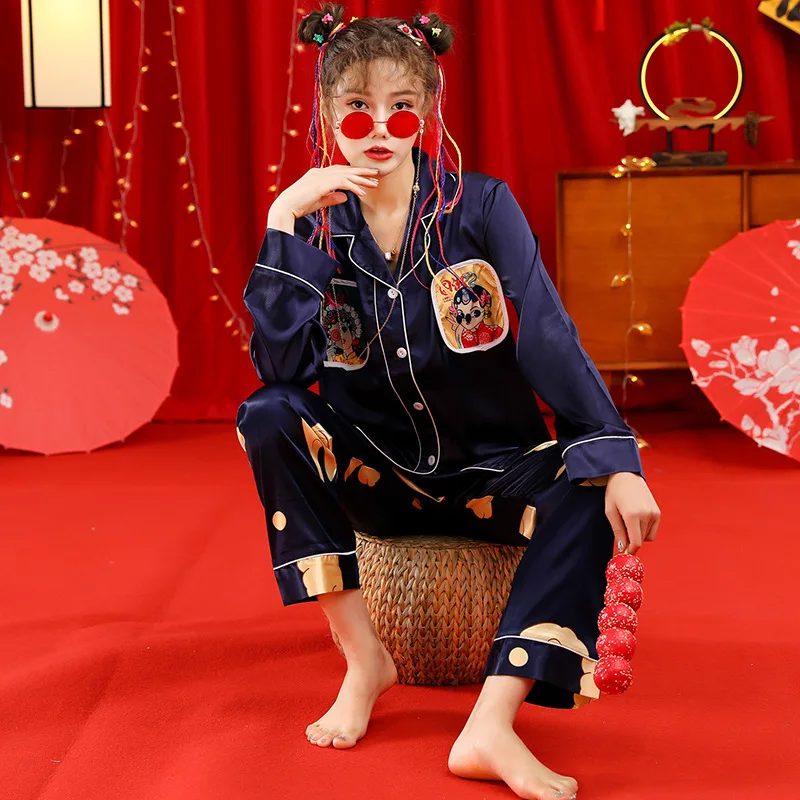 Autumn vintage Chinese tide wind ladies pajamas cardigan long sleeve soft ice silk girl suit home dress