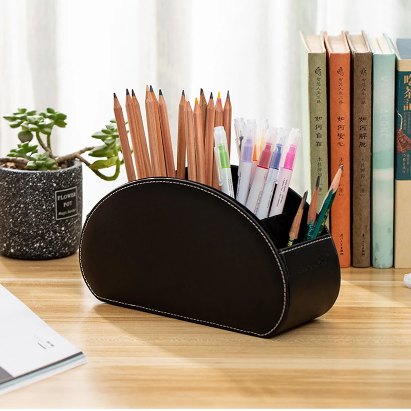 

5 Grid Desktop Organizer Remote Control Holder Leather Table Storage Simple Style Home Office Stationery