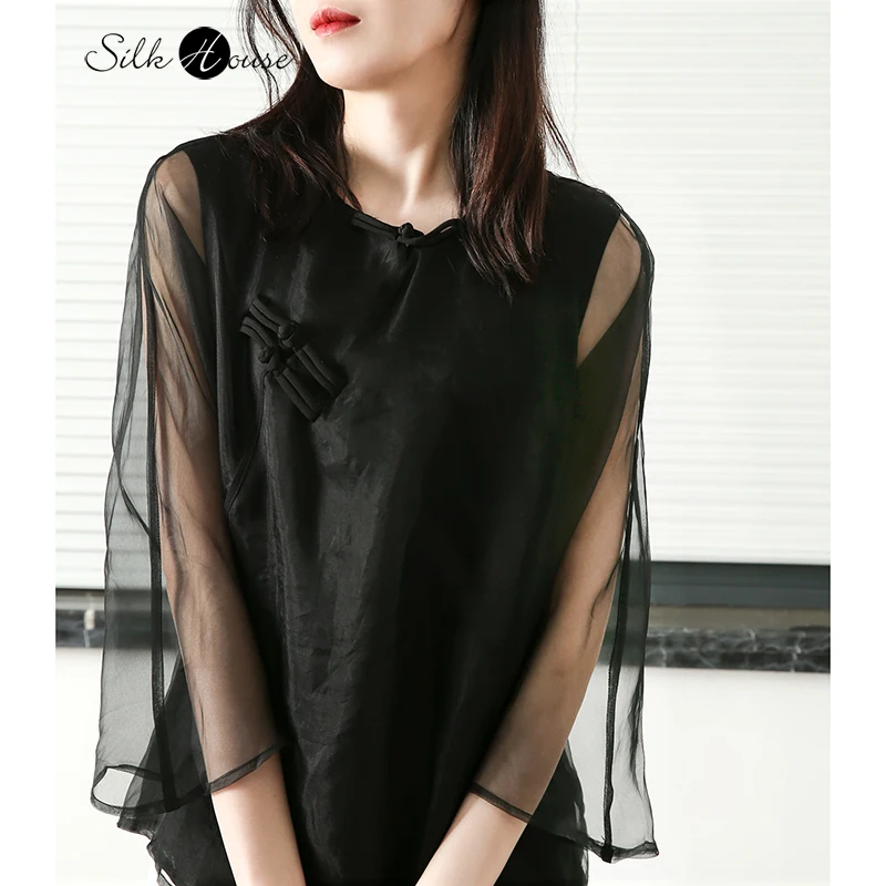 

Женская блузка из органзы, топ в китайском стиле из натурального шелка тутового шелкопряда, Тонкая блузка в стиле ретро