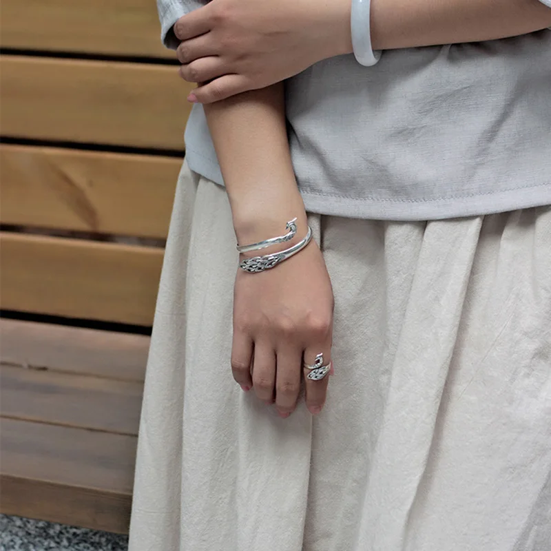 Женские браслеты и из настоящего серебра 990 пробы элегантные с павлином Фениксом